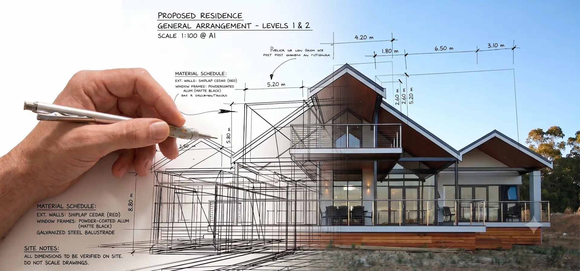 A hand-drawn concept sketch overlaid on a photorealistic render of the finished house, showing how Jeremy works a design up from the first lines